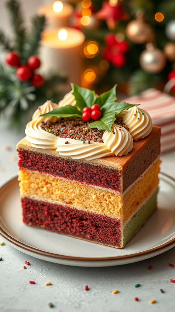A festive 4-in-1 Christmas bento cake with layers of chocolate, vanilla, red velvet, and matcha, decorated with buttercream and holiday accents.